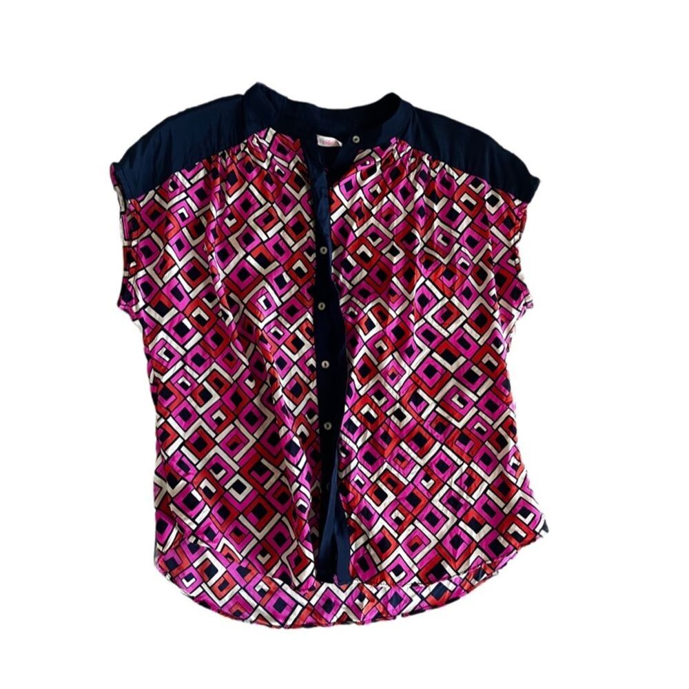 Alice & Trixie 100% silk blouse Geometric Pink/navy Button up Short Sleeve M